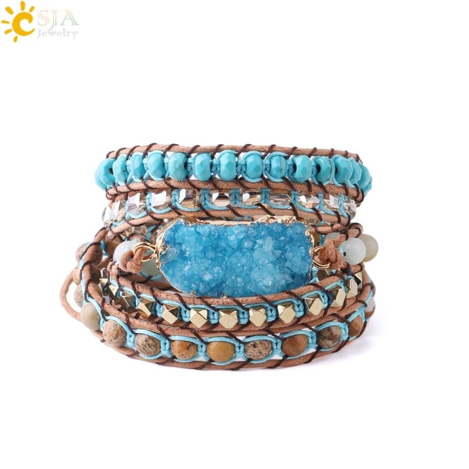 Marama - wikkelarmband Sky Blue - leer - edelsteen Druzy Agaat - 72 cm - verstelbaar