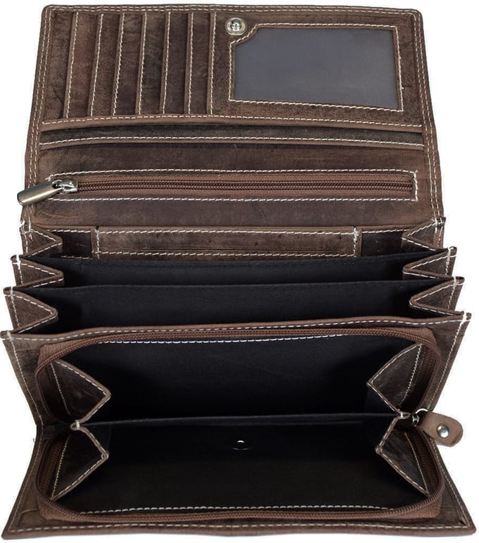 Dames Portemonnee Leer Luxe Overslag Model Met Ritsvak - Cognac