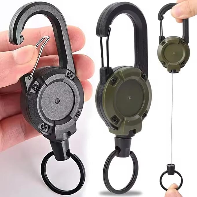 Mousqueton rétractable robuste avec câble en acier solide, boucle à ressort, porte-clés, accessoire sportif d'extérieur noir