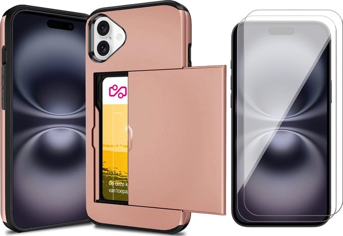 Hoesje met Pasjeshouder geschikt voor iPhone 16 Plus - 2x Screen Protector GlassGuard - Back Cover SlideCase Roségoud & Screenprotector