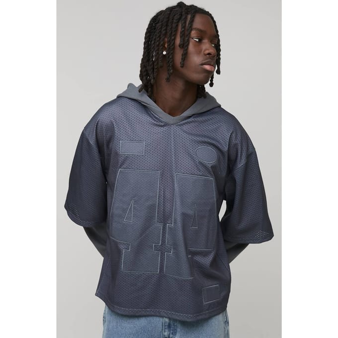 Oversized Boxy Varsity Applique Faux Layer Mesh Sports Top Hoodie | Charcoal | Size Medium