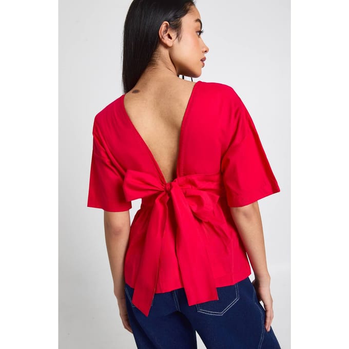 boohoo Dames Poplin smock met strikband | Red | Maat: 6