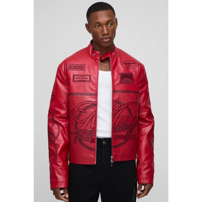 Regular Fit Men's Racing PU Biker Jacket | Red | Size Medium
