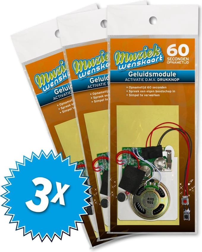 3x Geluidsmodule 60 seconden - geactiveerd door drukknopje - zelf opneembaar - spreek je eigen boodschap in - simpel te verwerken
