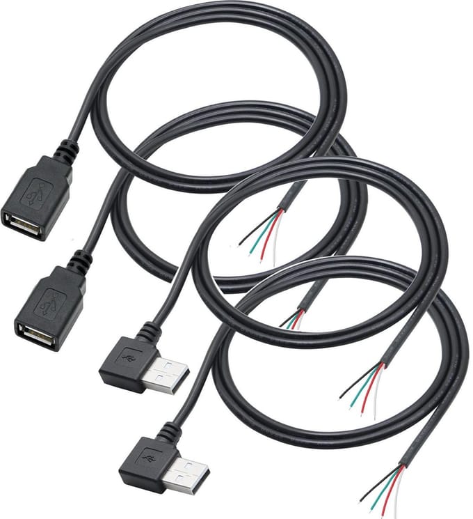 Dailygoods - 4pcs USB Pigtail 4 Wires 90 Graden USB-A Kabel 100cm - DIY Stroomkabel