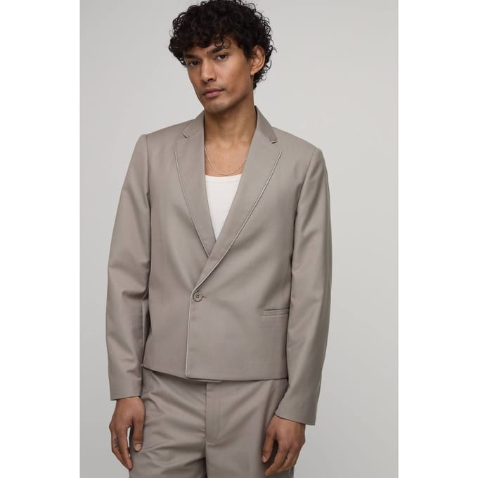 Contrast Piping Trim Cropped Boxy Blazer | Taupe | Size 52