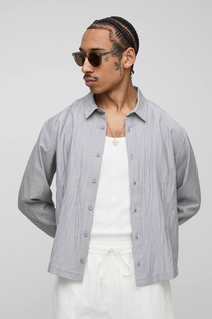 Regular Fit Crinkle Cotton Long Sleeve Shirt | Light Grey | Size Medium