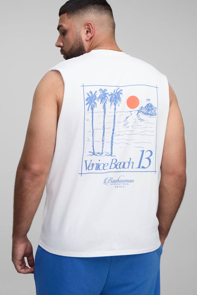 Plus Regular Fit Drop Armhole Landscape Print Tank & Relaxed Short Set | White | Size 2XL