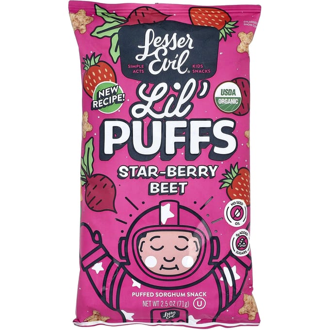 LesserEvil, Lil' Puffs, Star Berry Bits, 71g (2.5oz) black