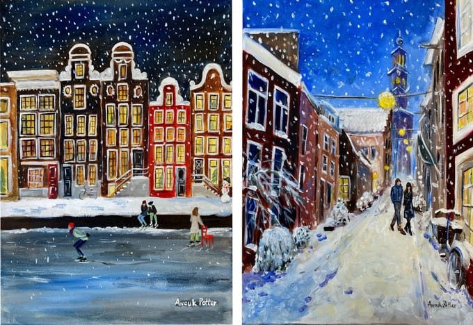 Ansichtkaarten - Amsterdam - 6 kunstkaarten- winterkaarten - kerstkaarten - 6 witte enveloppen - 2 designs
