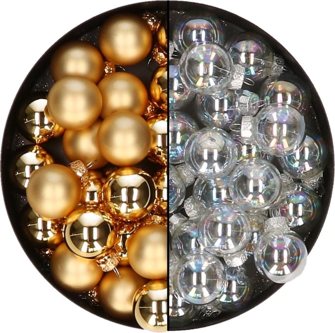 Mini kerstballen - 48x st - transparant parelmoer en goud - 2,5 cm - glas