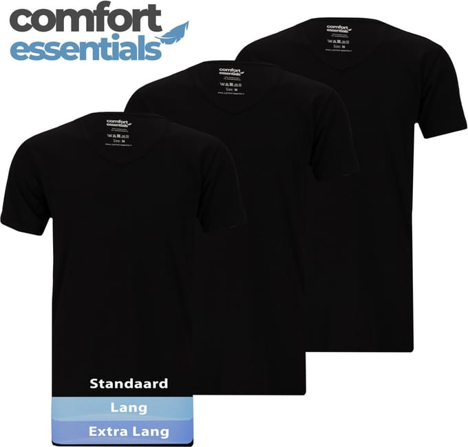 Comfort Essentials - T Shirts Heren - Extra Lang - Zwart M - 3 Pack -V Hals - Ondershirt Heren