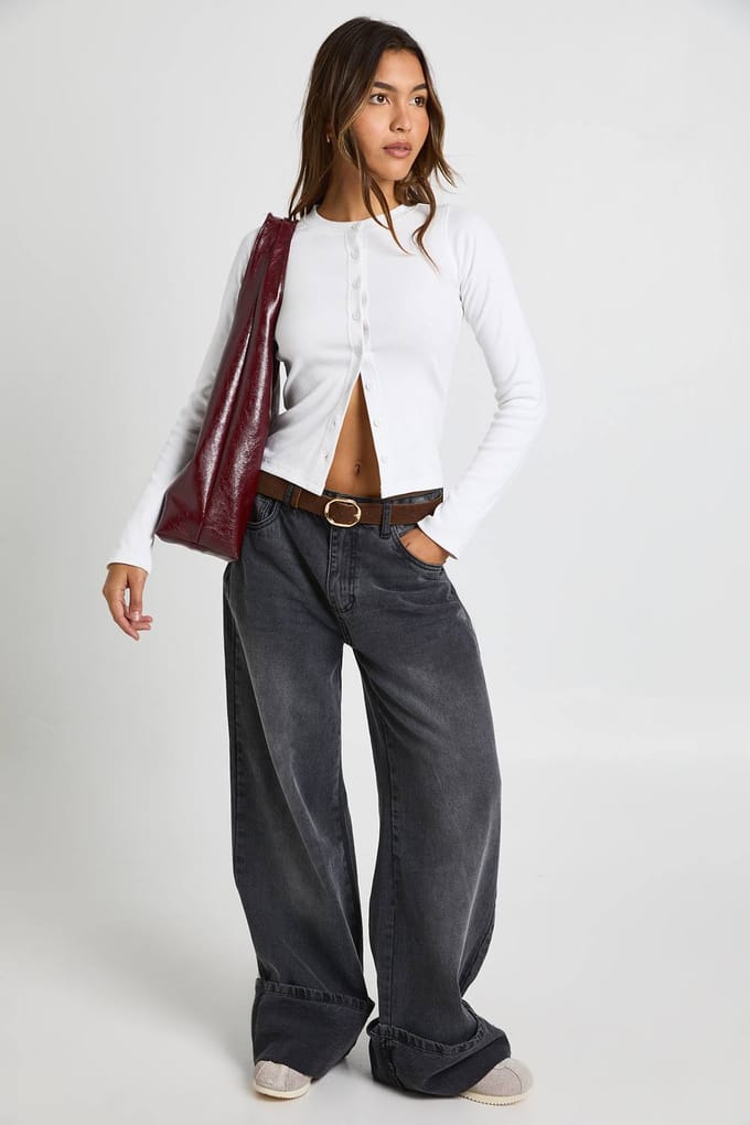 boohoo Dames Geribbelde top met doorlopende knopen en lange mouwen | Wit | Maat: 38