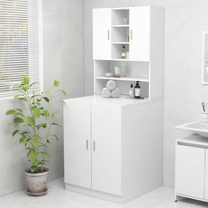 Wasmachinekast - Badkamerkast Organizer - Opbergen - Houten Constructie - 705 x 255 x 90 cm - Wit