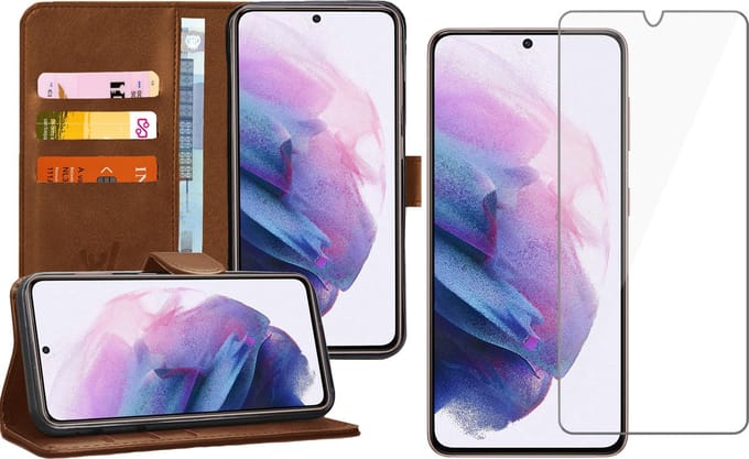 Hoesje geschikt voor Samsung Galaxy S21 - Screen Protector GlassGuard - Book Case Kunstleer Pasjeshouder Bruin & Screenprotector