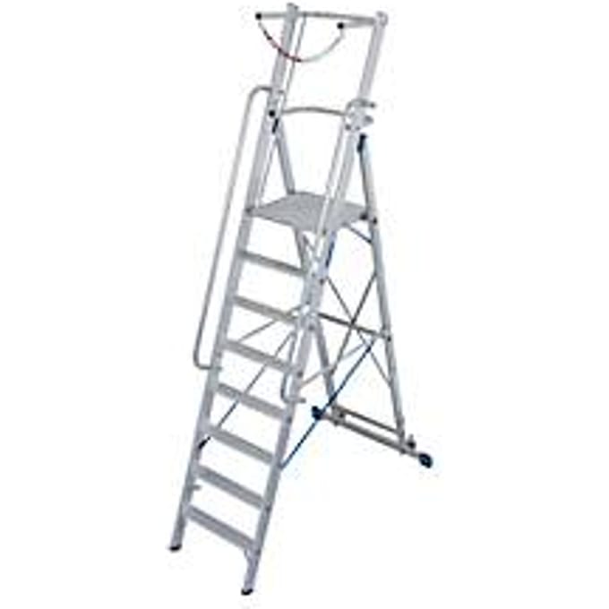 Aluminium trapladder, met groot platform, met veiligheidsbeugel en ketting, 8 treden