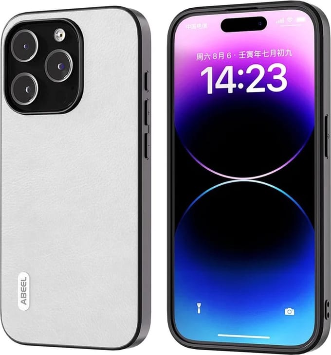 ABEEL – iPhone 15 Pro Max – Backcover hoesjes - Cowhide Leather - TPU - Litchi - Anti-Scratch - Wit