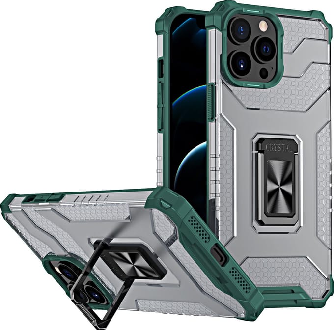 Hoesje Geschikt voor iPhone 13 Pro Max transparent rugged case Met Ringhouder – Groen