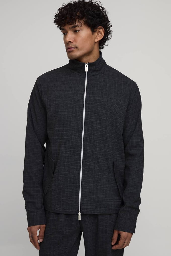 Micro Check Double Zip Funnel Neck Regular Fit Harrington Jacket Co-ord | Charcoal | Size XS