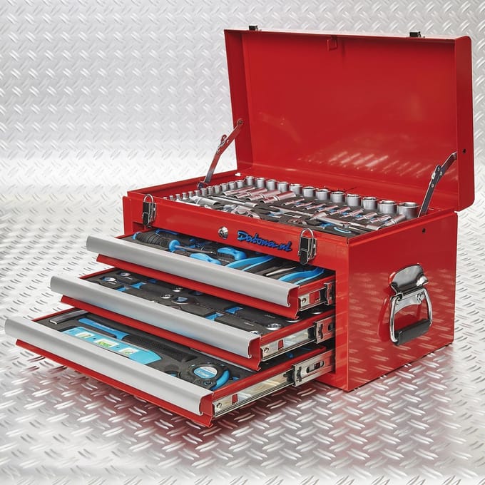 Datona® Gereedschapskist drie lades - 4 lades gevuld - Rood