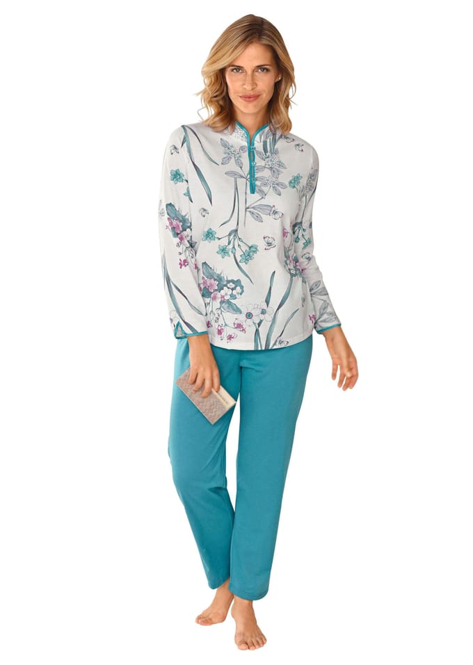 Katoenen pyjama met knoopsluiting - wit / smaragd / rosé - Gr. 48/50 van Goldner Fashion