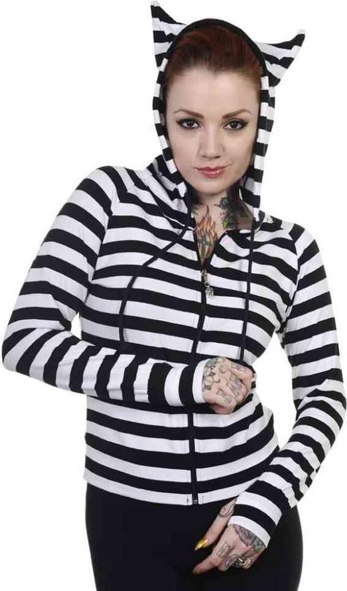 Banned - CAT EARS STRIPED Vest met capuchon - S - Zwart/Wit