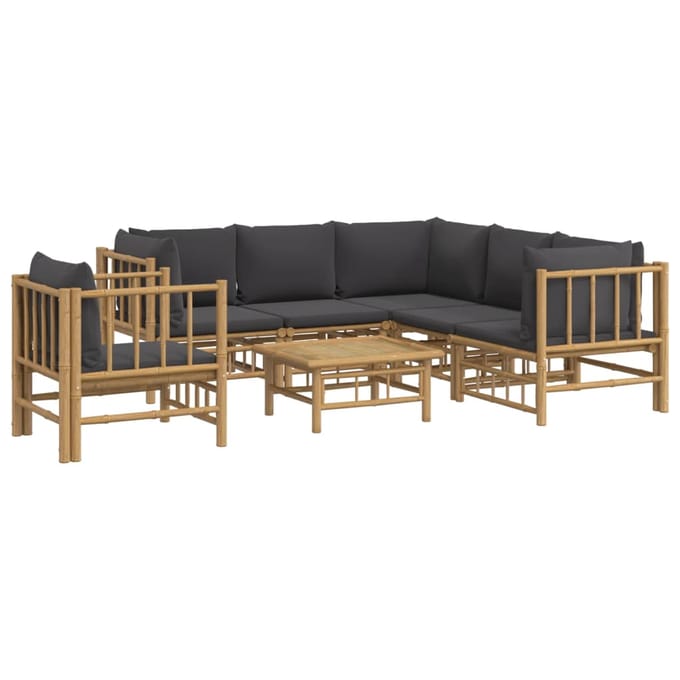 vidaXL - 7-delige - Loungeset - met - kussens - bamboe - donkergrijs
