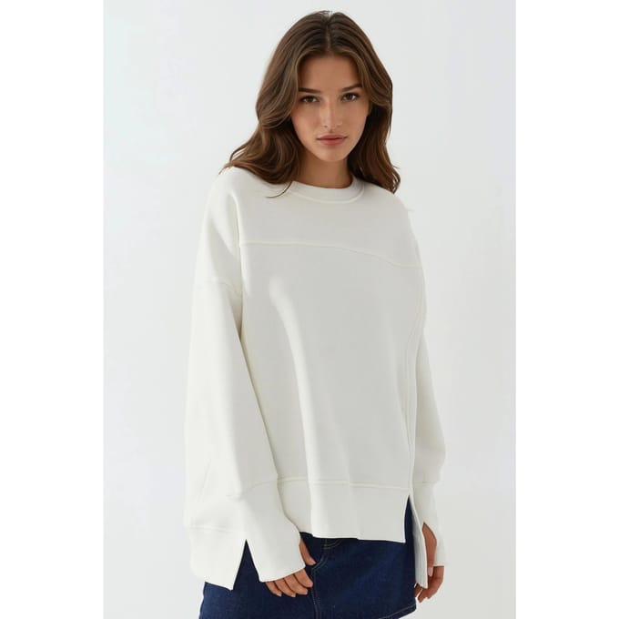 Oversized Sweatshirt met Ronde Hals en Voorkantssplit Wit