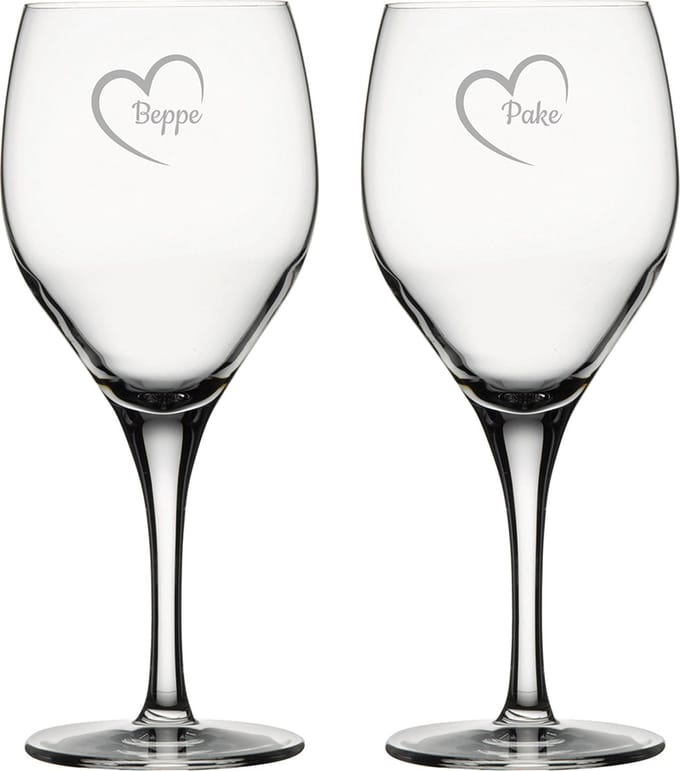 Gegraveerde Rode wijnglas 42,5cl Pake mei hert & Beppe mei hert