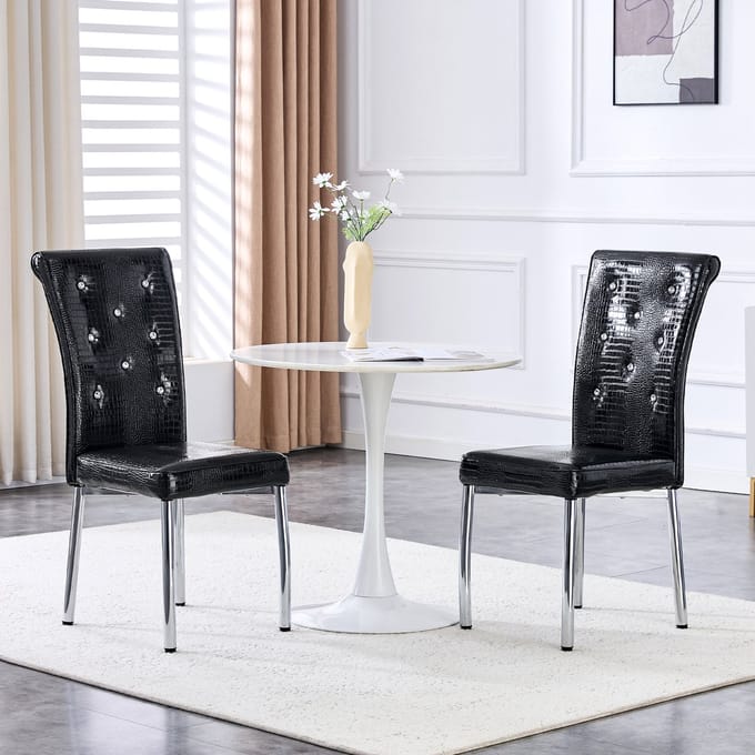 MODFU - Eetkamerstoelen Set Van 2 - Gestoffeerd - Retro - Voor Eetkamer - Metaal En PVC - Zwart