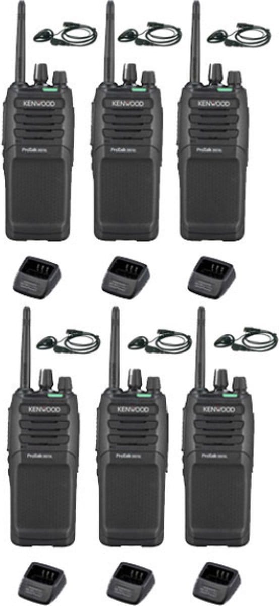 Set van 6 Kenwood TK-3701D IP55 Portofoon met D-shape oortje en tafellader