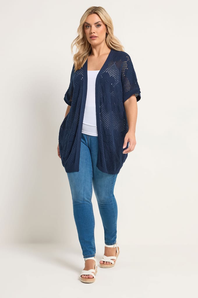 Yours Marineblauwe Bloemen Pointellegebreide Vest Size 54-56