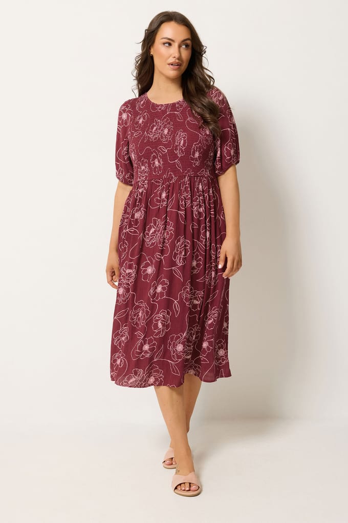 Yours Rode Bloemenjurk Met Pofmouwen En Plooien Size 46