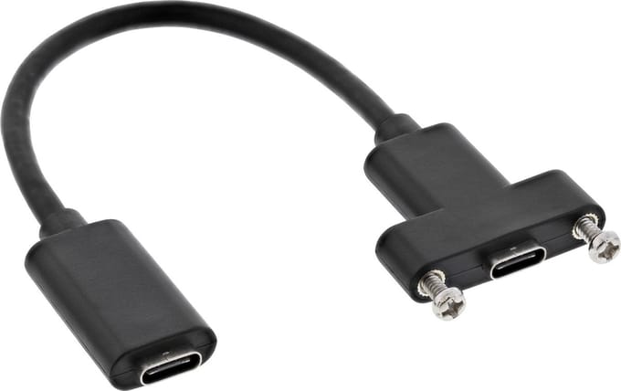 USB-C (v) naar USB-C (v) inbouw adapter - USB3.2 (tot 10 Gbit/s) - PD tot 20V/5A / zwart - 0,20 meter