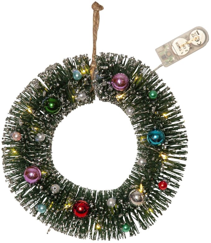 Star Trading Kleine decoratieve kerstkrans 'Decorini', versierd, LED-verlichting, batterij + timer, groen, Ø 20 cm