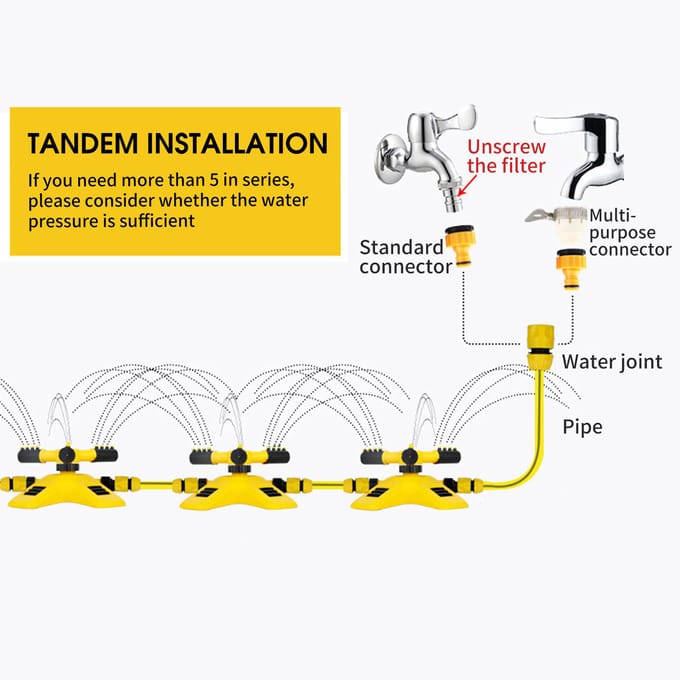 Arroseur de jardin rotatif à 360 degrés, 2 Modes de pulvérisation réglables, système d'irrigation de pelouse pour l'extérieur jaune