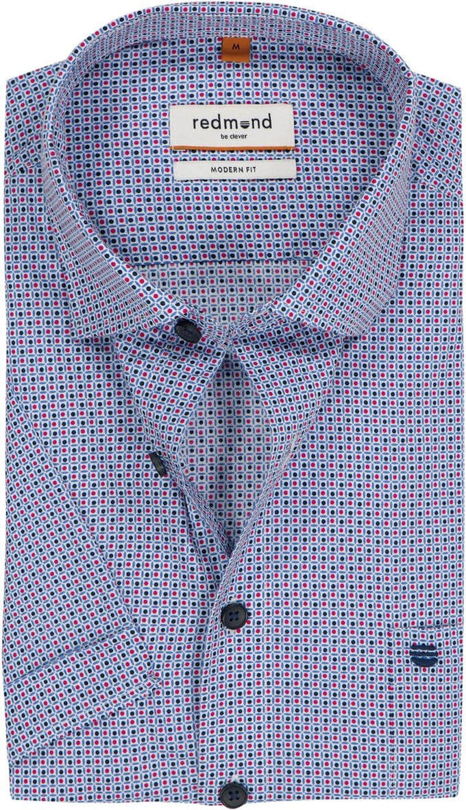 Redmond modern fit overhemd - korte mouw - popeline - blauw met rood en wit dessin