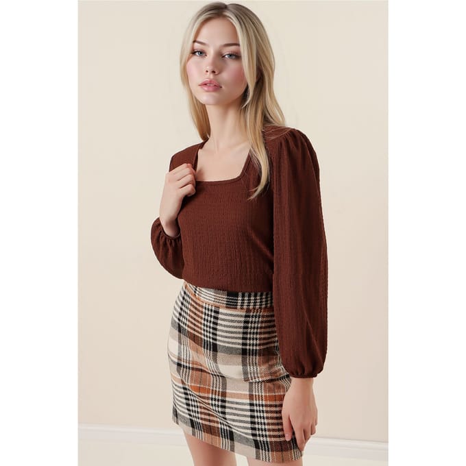 Gestructureerde Vierkante Kraag Lange Mouwen Blouse