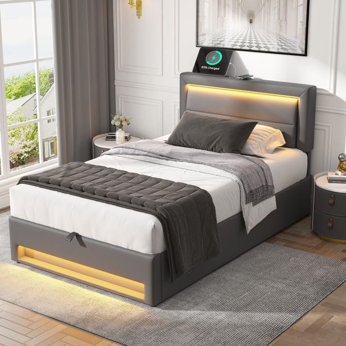 MODFU Ledikant 160x190 cm – PU grijs – met USB, draadloos laden, LED en opbergruimte – slim design