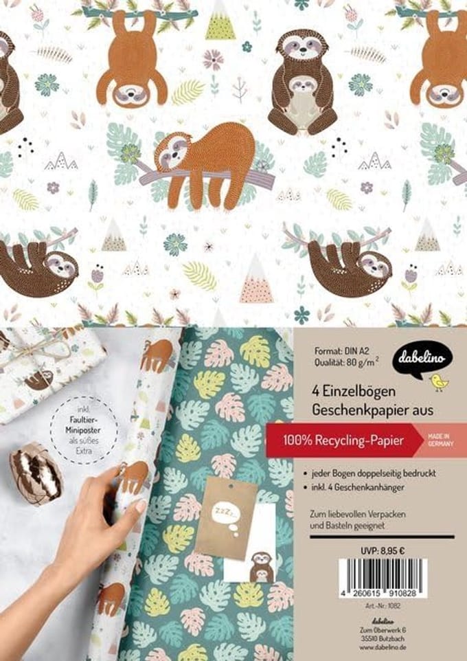 Geschenkpapier-Set für Kinder mit Faultieren – 4 Einzelbögen und Geschenkanhänger