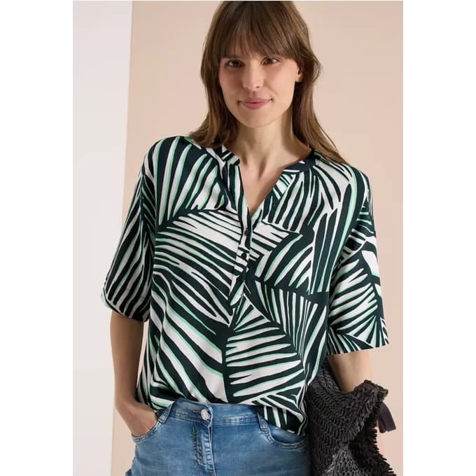 Blouse met korte mouwen, gespleten hals en print