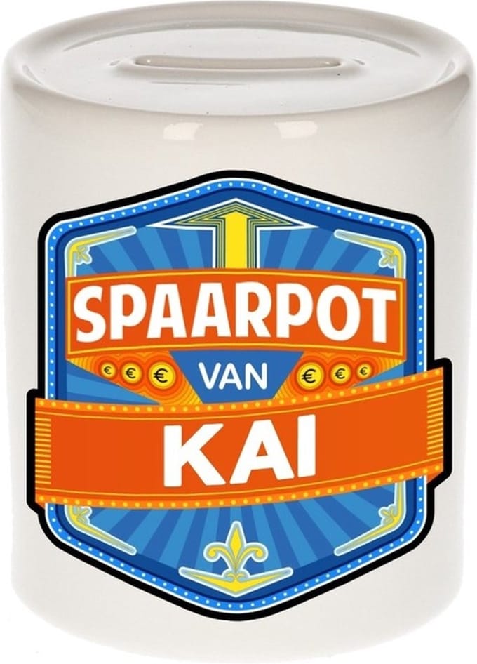 Bellatio Decorations Kinder spaarpot met naam - Kai - keramiek - met dop - wit - Sparen - Spaargeld van Kai