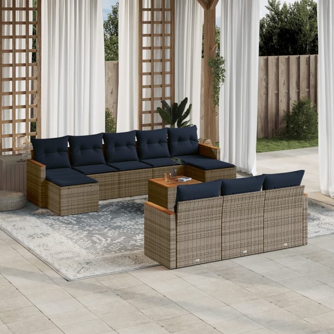 vidaXL - 11-delige - tuinbankset - met - kussens, - grijs - polyrotan