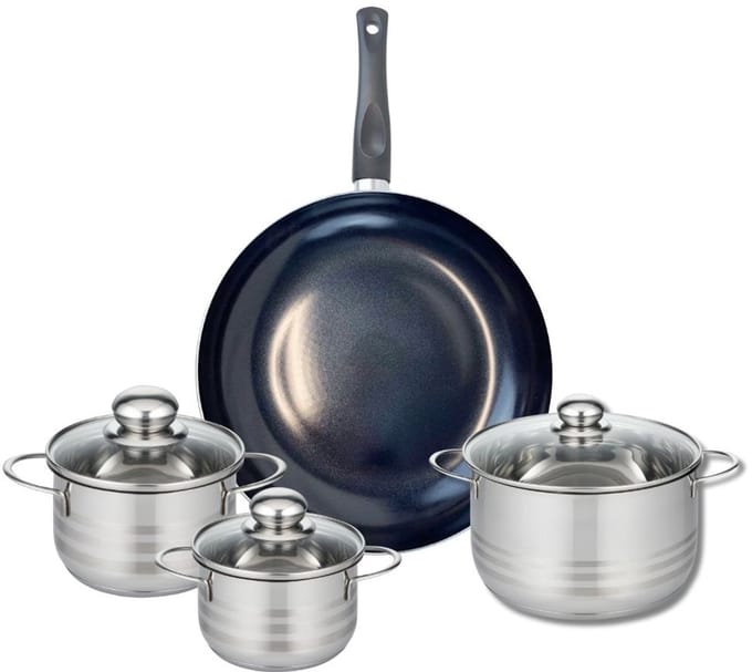 Set van 1 Koekenpan 32 cm en 3 kookpotten 14, 16 en 20 cm Elo Prima Glanzend