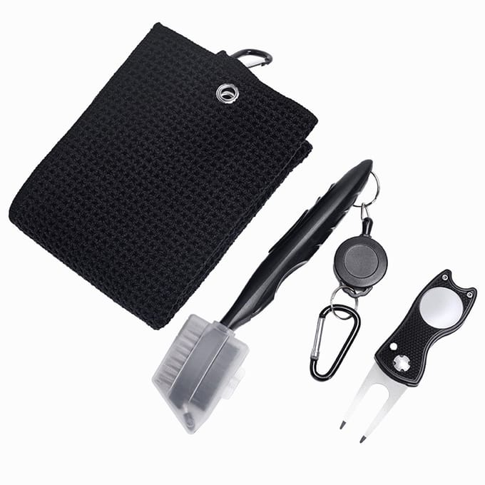 Golf Schoonmaakgereedschap Set Gesp Ontwerp Golf Handdoek Dubbelzijdig Golf Borstel Opvouwbaar Golf Pitchfork zwart