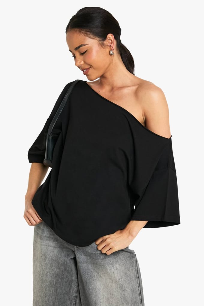 boohoo Dames Oversized schouderloos T-shirt | Zwart | Maat: 42