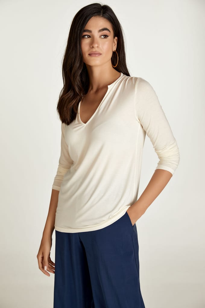 Cream Jersey V Hals Top