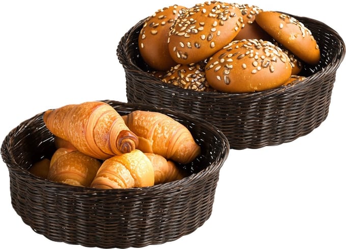 Kesper Brood/fruit mand - 2x - kunststof - bruin - rond - D36 x H11 cm - broodmandjes