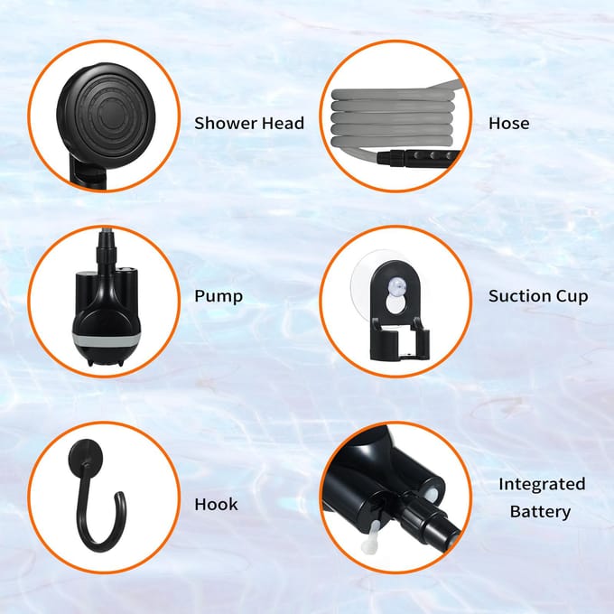 2024 Draagbare kampeerdouche Buiten Binnen elektrische douche met waterschakelaar, 2200mAh Type-c 21x21x7cm grijs