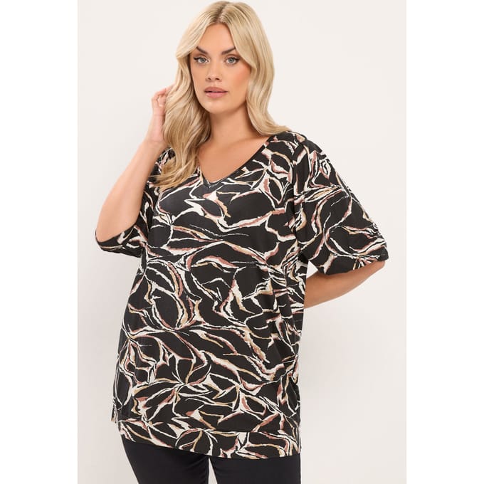 Yours Zwarte Top Met Abstracte Print En Plooien Size 44